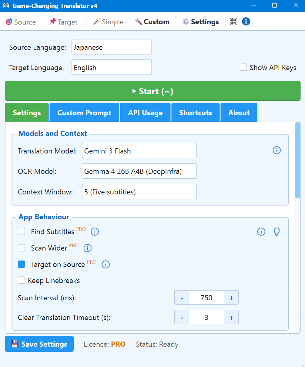 Custom mode – full settings panel