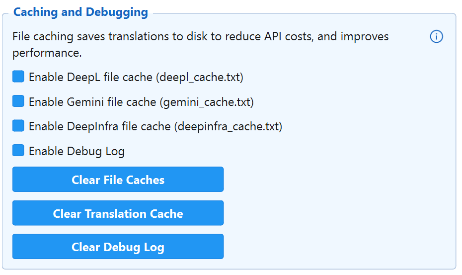 Caching and Debugging settings