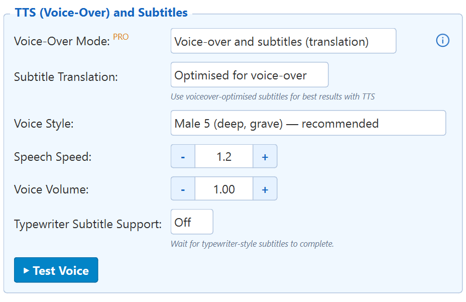 TTS (Voice-Over) and Subtitles settings